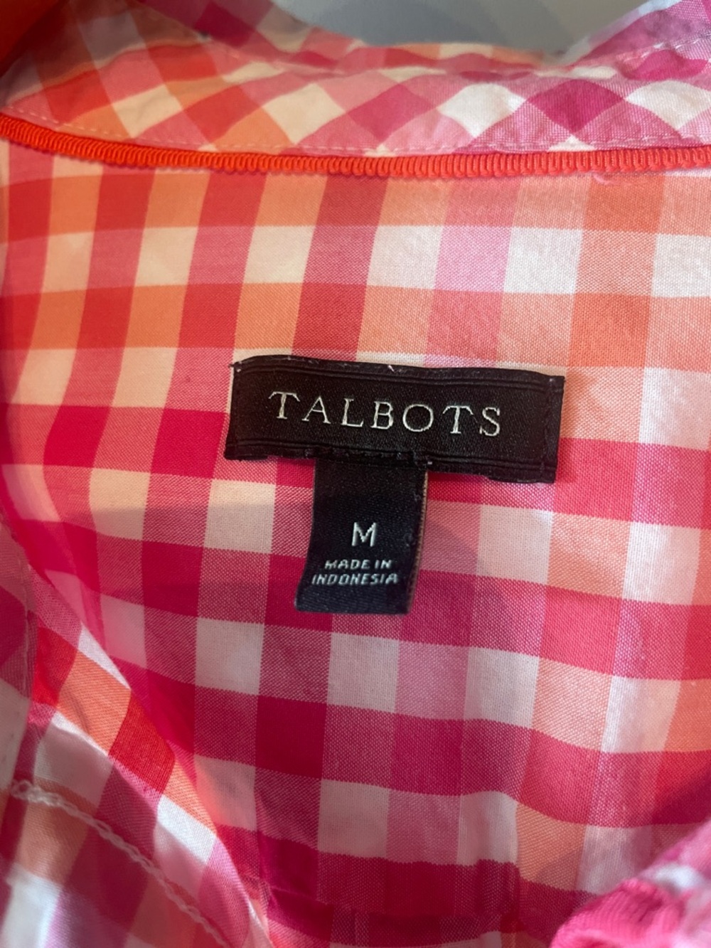 Talbots Pink Orange and White Gingham Button-Down Shirt Size Medium - Picture 3 of 8